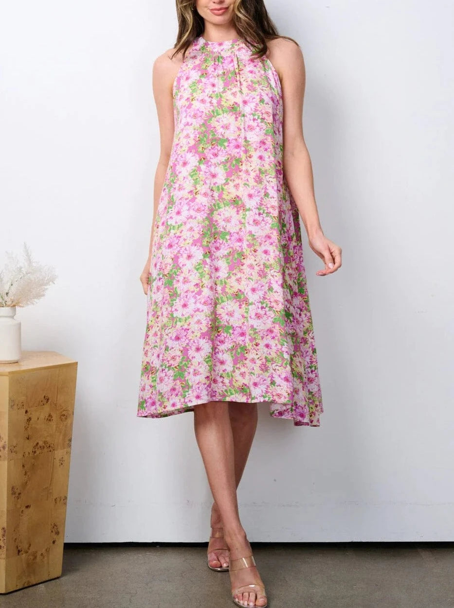 Mock Neck Floral Print Tunic Midi Dress