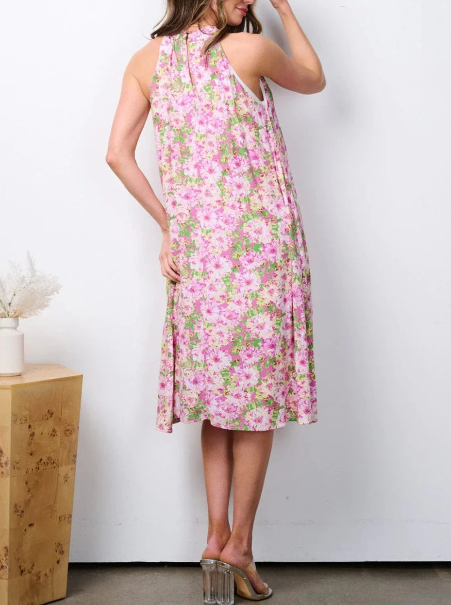 Mock Neck Floral Print Tunic Midi Dress