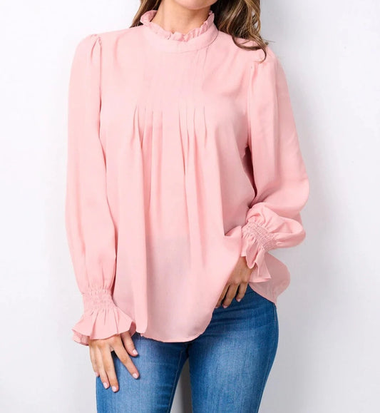 Mock Neck Long Sleeve Pink Blouse