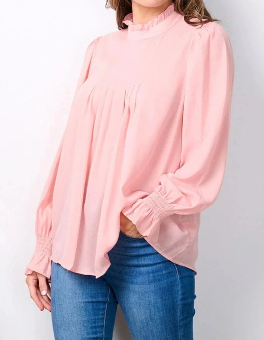 Mock Neck Long Sleeve Pink Blouse