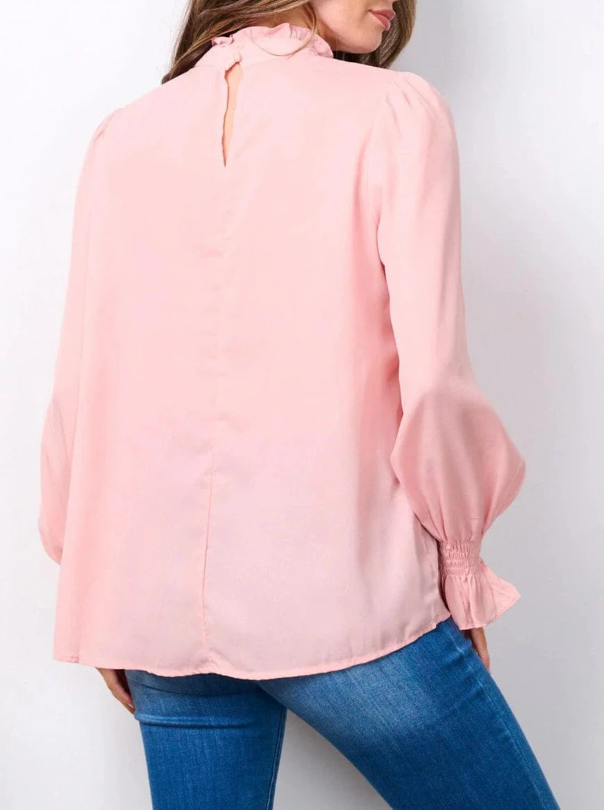 Mock Neck Long Sleeve Pink Blouse