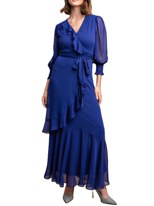 Faux Ruffle Wrap Royal Blue Maxi Dress