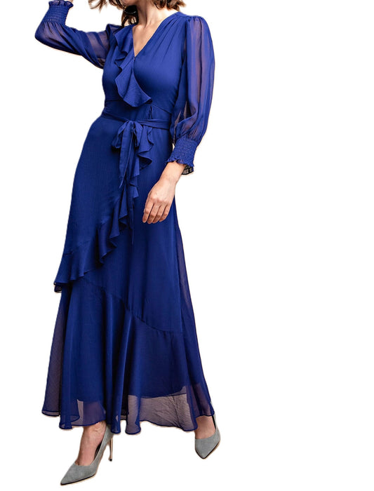 Faux Ruffle Wrap Royal Blue Maxi Dress