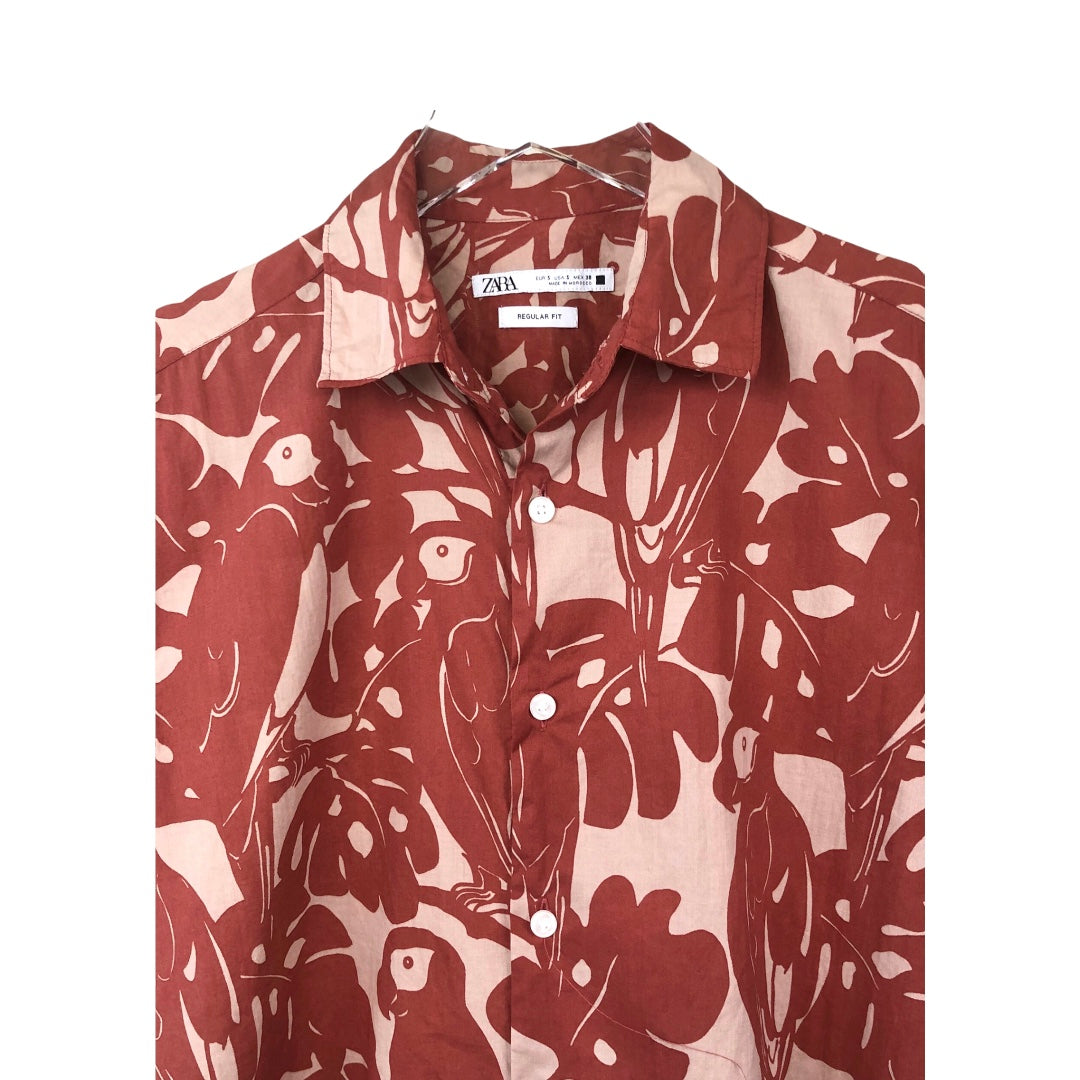 Zara Tropical Print Short Sleeve Button Down Shirt