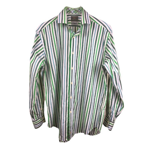 Thomas Dean Green Stripe Button Down Shirt Size M