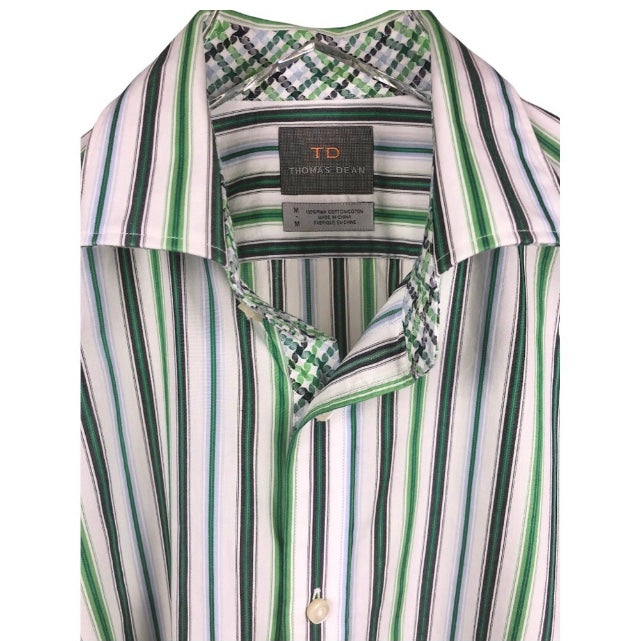 Thomas Dean Green Stripe Flip Cuff Button Up Shirt