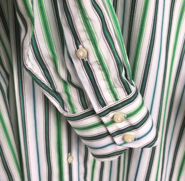 Thomas Dean Green Stripe Flip Cuff Button Up Shirt