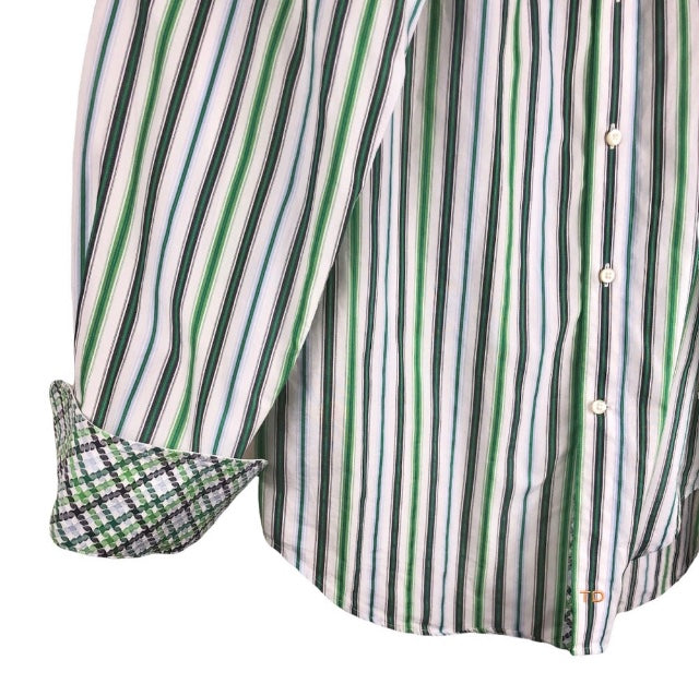 Thomas Dean Green Stripe Flip Cuff Button Up Shirt