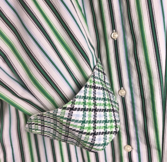 Thomas Dean Green Stripe Flip Cuff Button Up Shirt