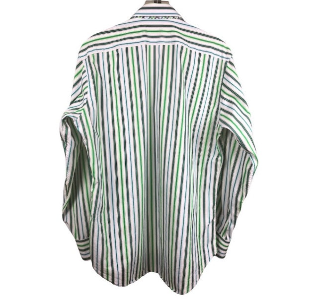 Thomas Dean Green Stripe Flip Cuff Button Up Shirt